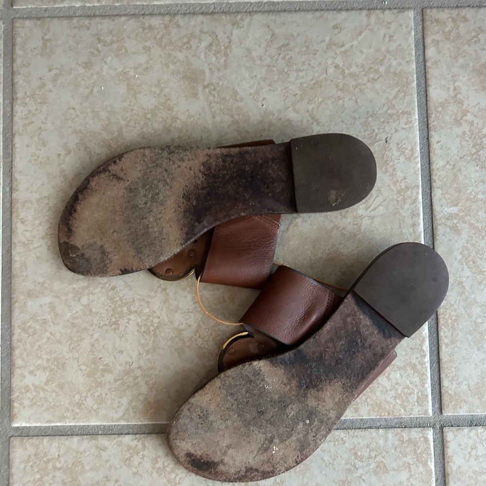 Tory Burch Brown Leather Slide Sandals with Gold Medallions - Picture 3 of 4